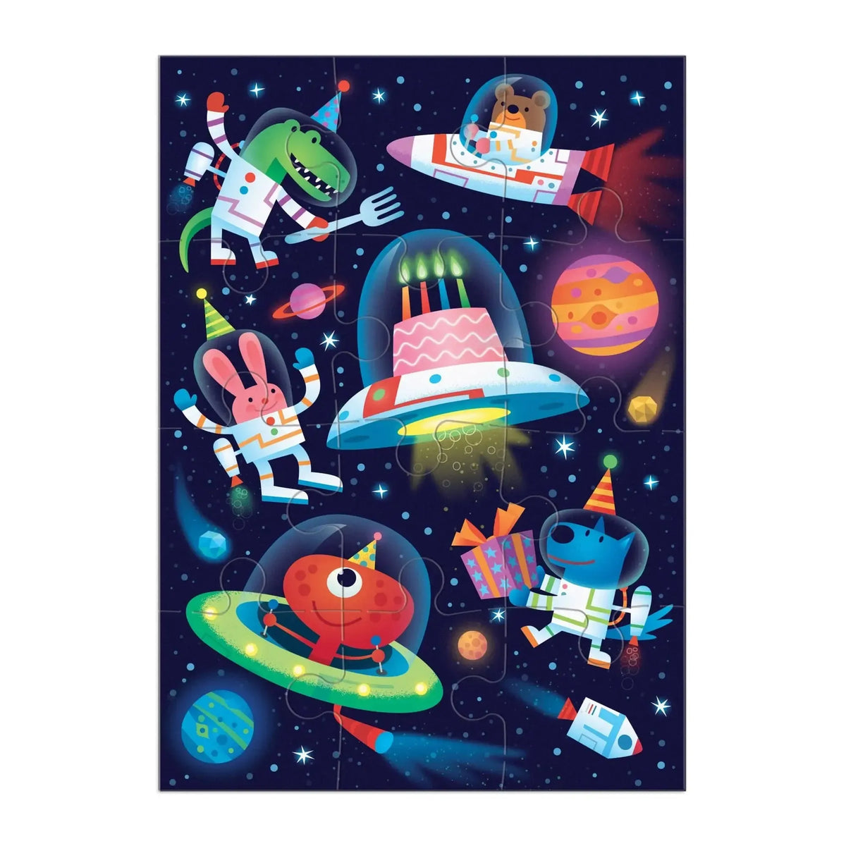 Cosmic Party Greeting Card 12 Piece Jigsaw Puzzle Mudpuppy