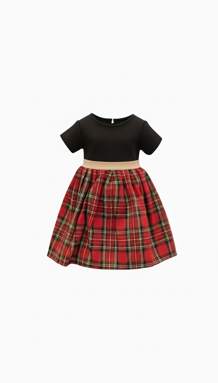 A Dark Brown Skin Tone Doll in a Black & Red Holiday Dress