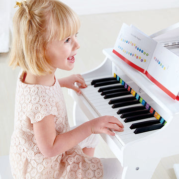 Hape Deluxe White Grand Piano | Thirty Key Piano Toy With Stool, Electronic Keyboard Musical Toy Set For Kids 3 Years+