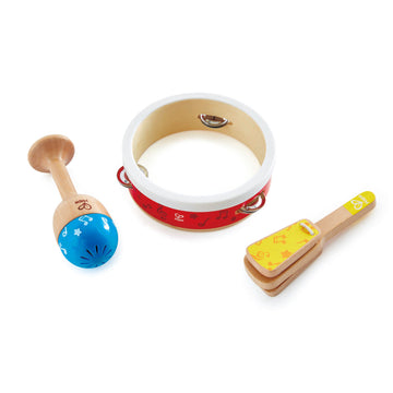 Hape Junior Percussion Set | 3 Piece Wooden Percussion Instrument Set For Toddlers, E0615