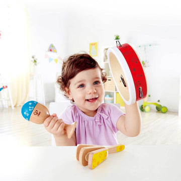 Hape Junior Percussion Set | 3 Piece Wooden Percussion Instrument Set For Toddlers, E0615