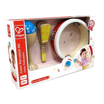 Hape Junior Percussion Set | 3 Piece Wooden Percussion Instrument Set For Toddlers, E0615
