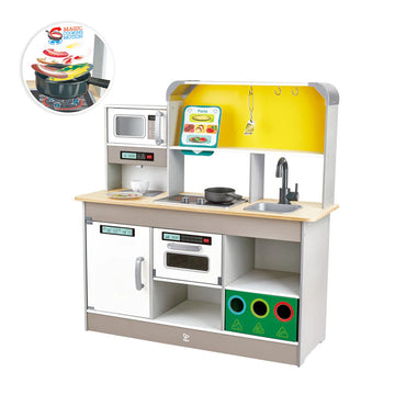 Hape E3177 Deluxe Game Kitchen With Microwave, Coffee Maker, Refrigerator, Oven, Hob With Frying Pan Fun With Many Accessories, From 3 Years, L: 34.9, W: 11.7, H: 35.4 Inch