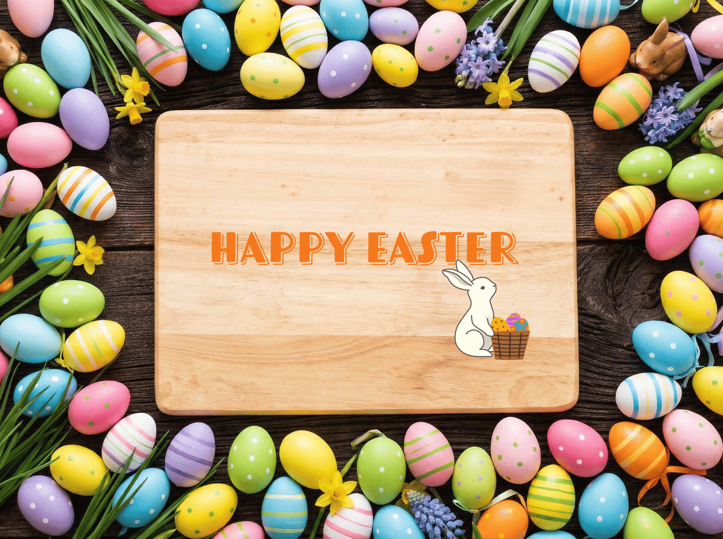 Happy Easter Solid Maple Wood Serving Board Platter - 11" x 16" | Easter Egg Wooden Tokens | Made in the USA 🇺🇸