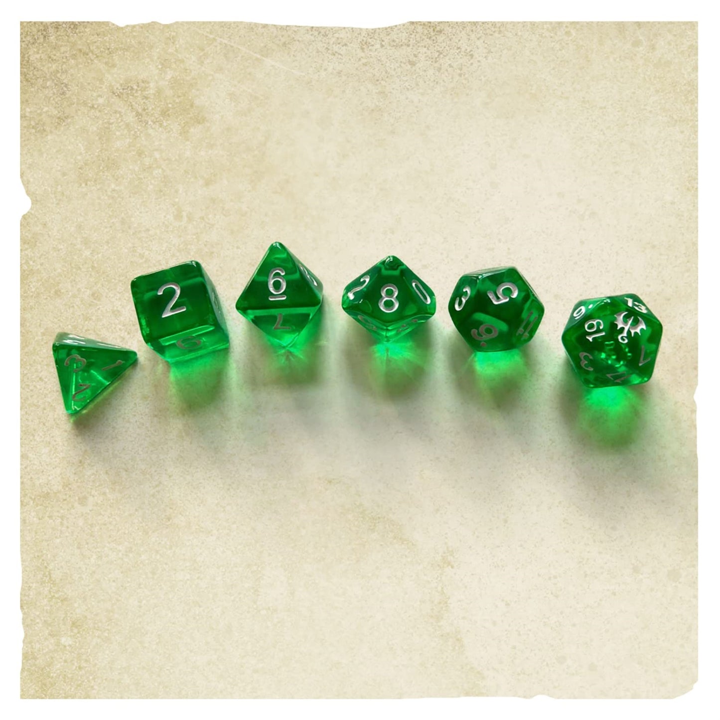 Free League Dragonbane 6-Piece Green Transparent Dice Set, Includes D4-D20, Standard Size, Model 230015