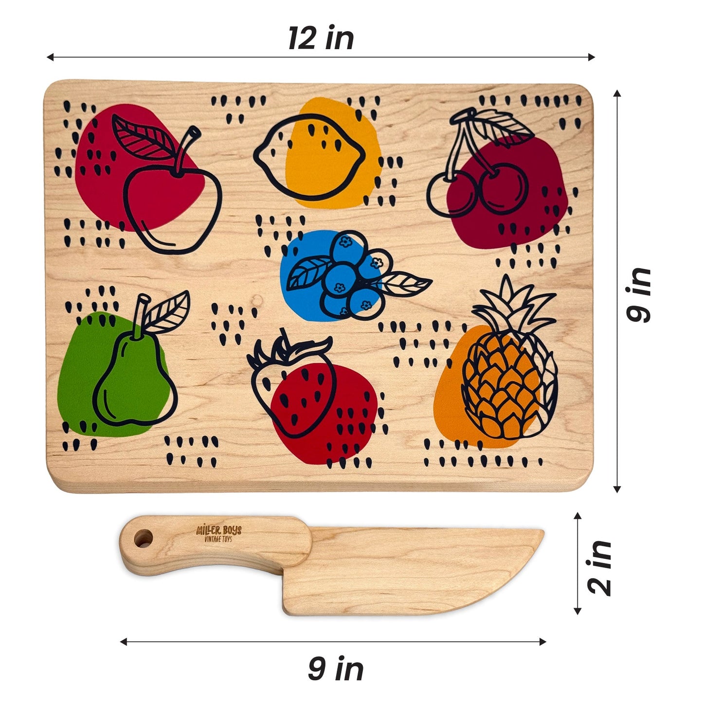 Kid's Chef-in-Training Fruit Wooden Cutting Board with Handcrafted Wooden Knife | Made in the USA