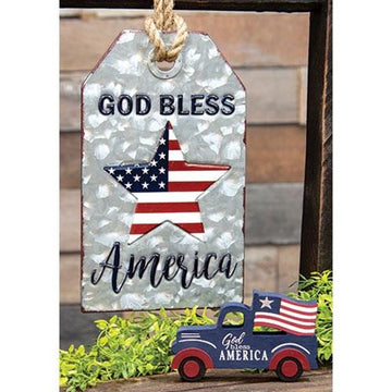 Happy Deals ~ Americana Vintage Patriotic Truck Shelf Sitter | Tabletop Decor - 5.75 X 3.5 Inch