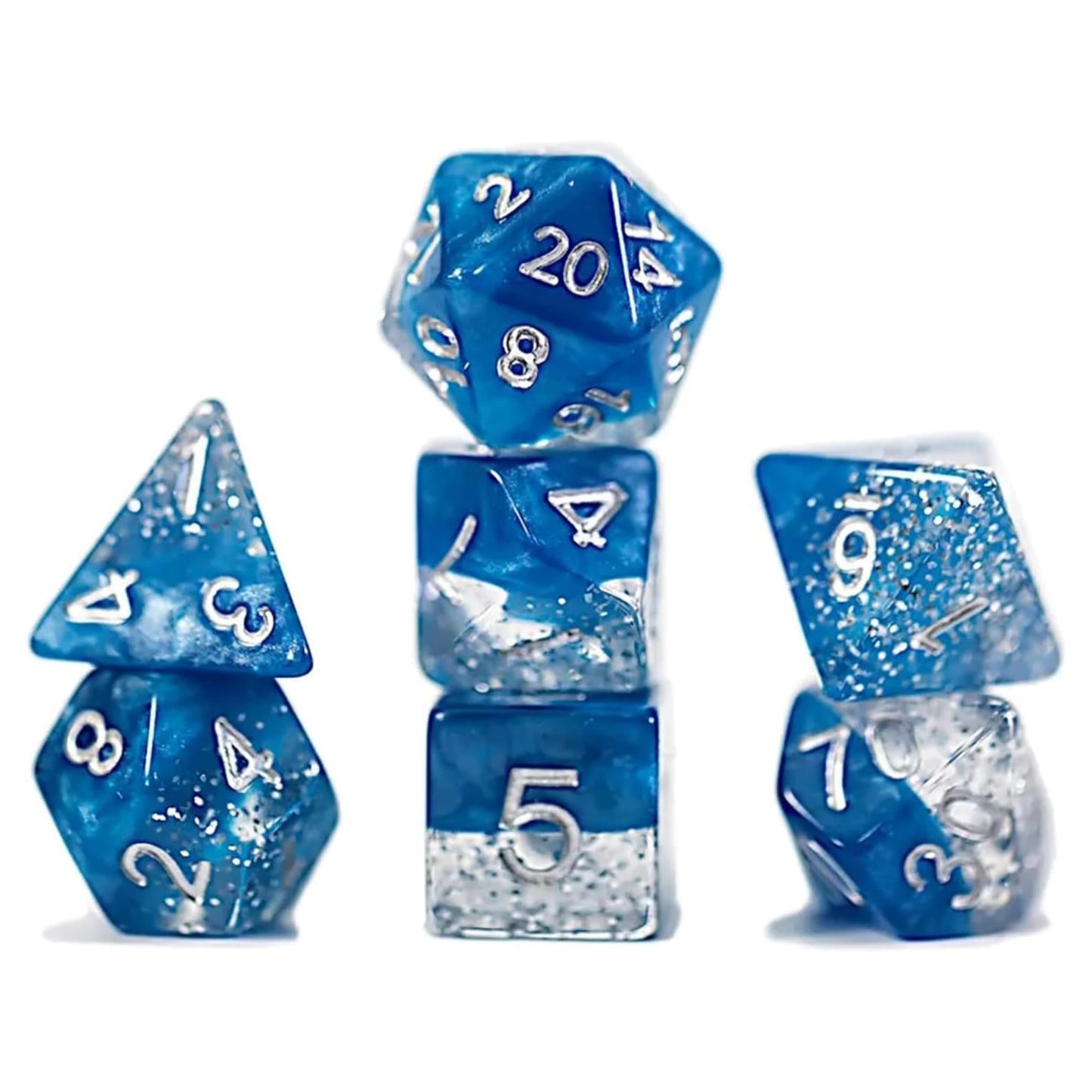 Gate Keeper Games Halfsies Dice: Glitter Edition - Blue - 7 Piece Dice Set