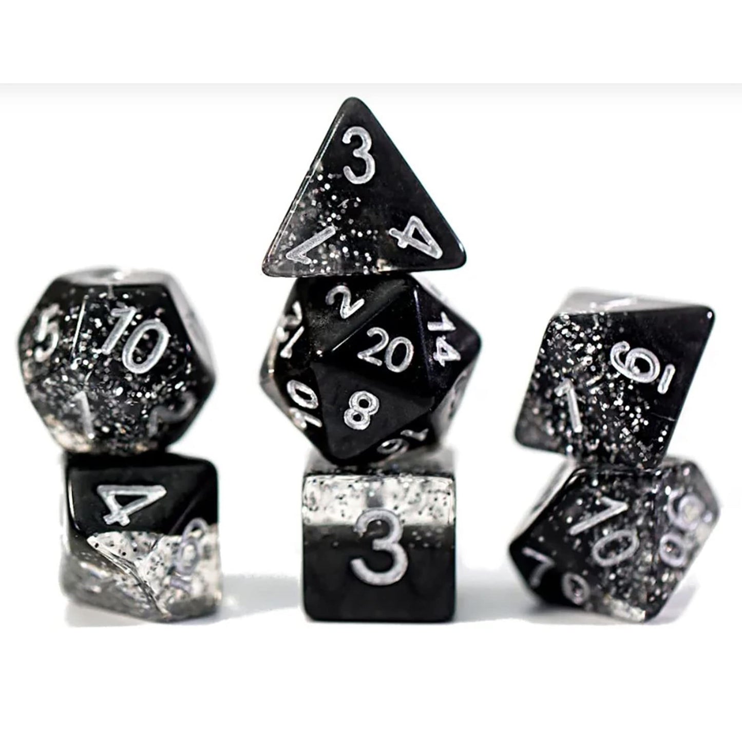 Gate Keeper Games Halfsies Dice: Sparkle Edition - Glitter Black - 7 Piece Dice Set