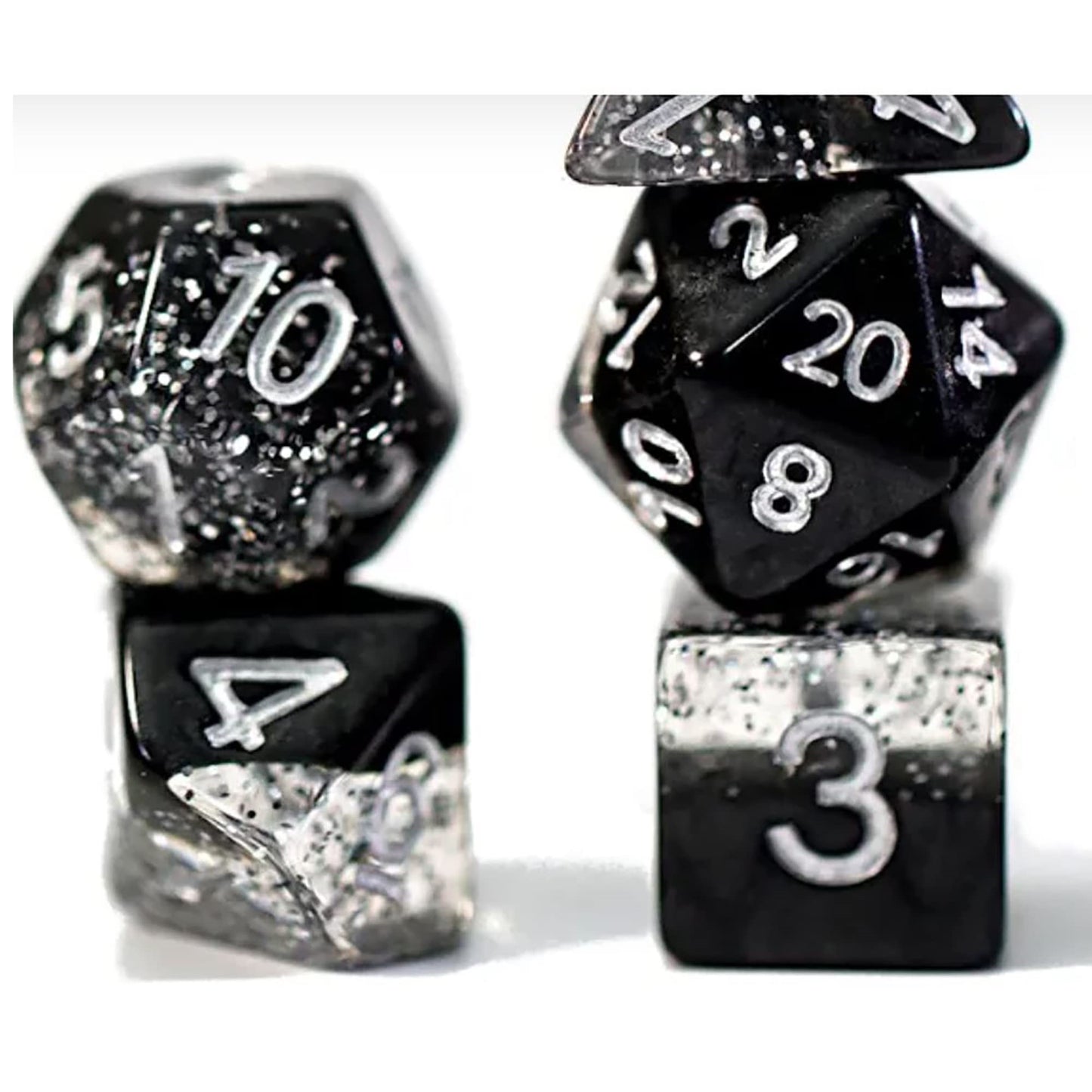 Gate Keeper Games Halfsies Dice: Sparkle Edition - Glitter Black - 7 Piece Dice Set