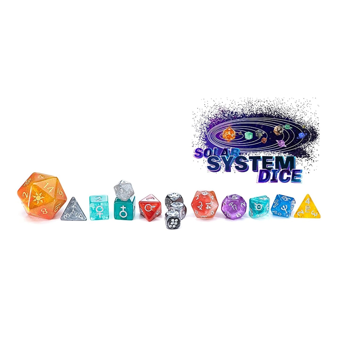 Gate Keeper Games Solar System Dice Set - 14pc RPG Resin Dice with Greek-Medieval Symbols, Multicolor, Model 232038