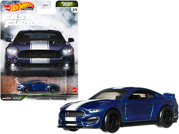 Custom Mustang Blue Metallic With White Stripes ''Fast & Furious'' Series Diecast Model Car By Hot Wheels