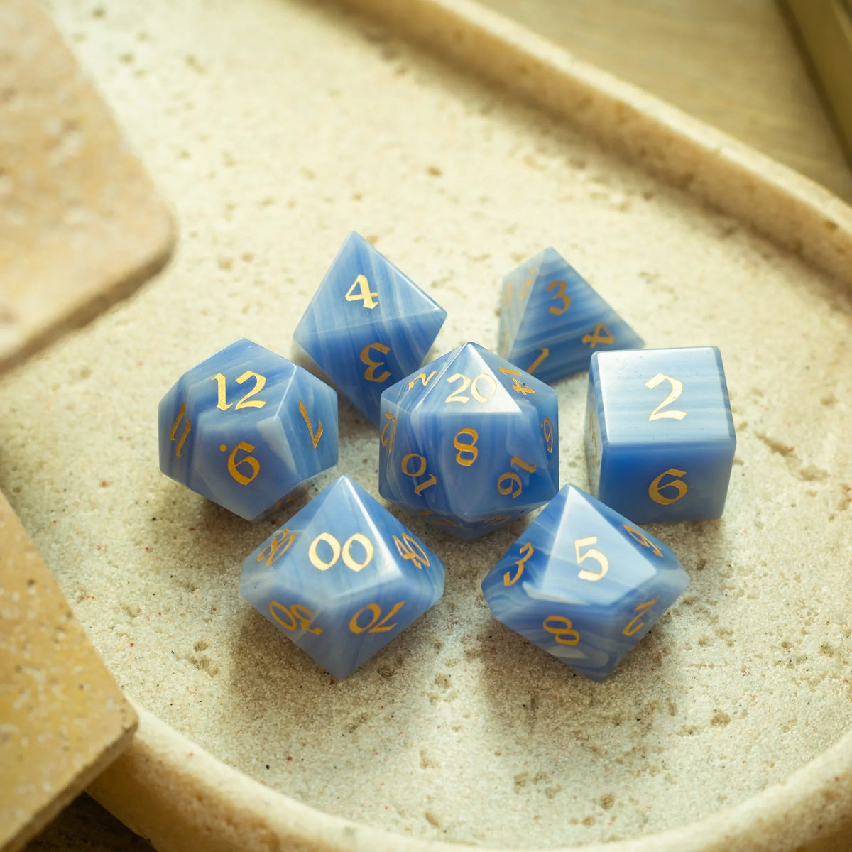 Gemstone Blue Lace Agate Eye Stone Hand Carved DND Dice Set