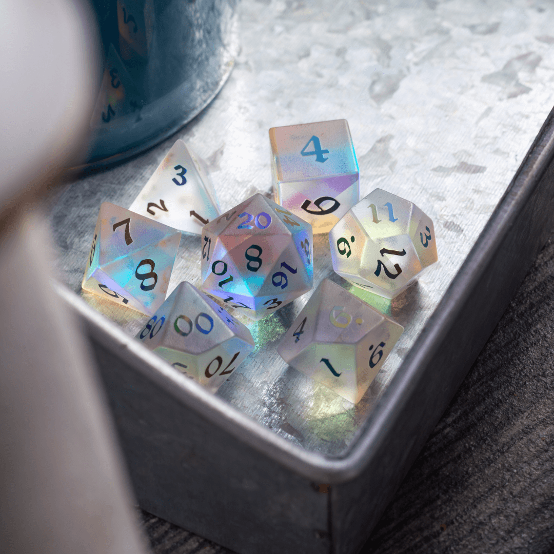 Gemstone (Inked) Raised Dichroic Glass DND Dice Set