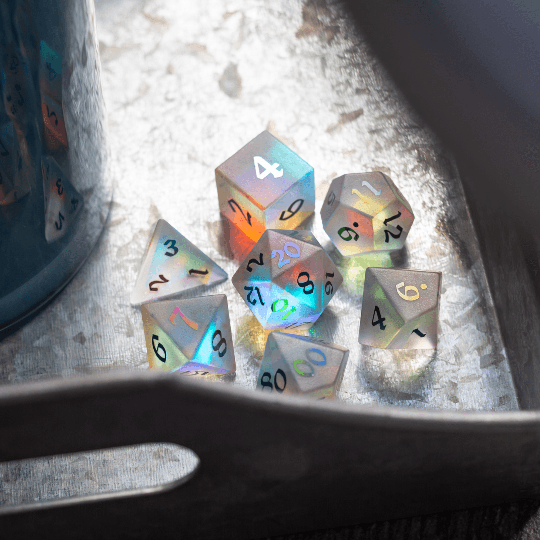 Gemstone (Inked) Raised Dichroic Glass DND Dice Set