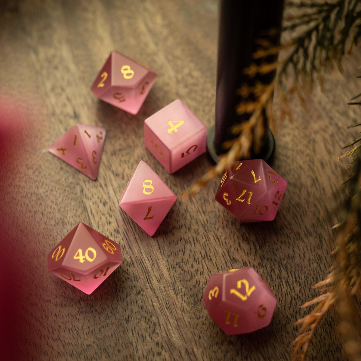 Gemstone Pink Watermelon Cats Eye Stone Hand Carved DND Dice Set