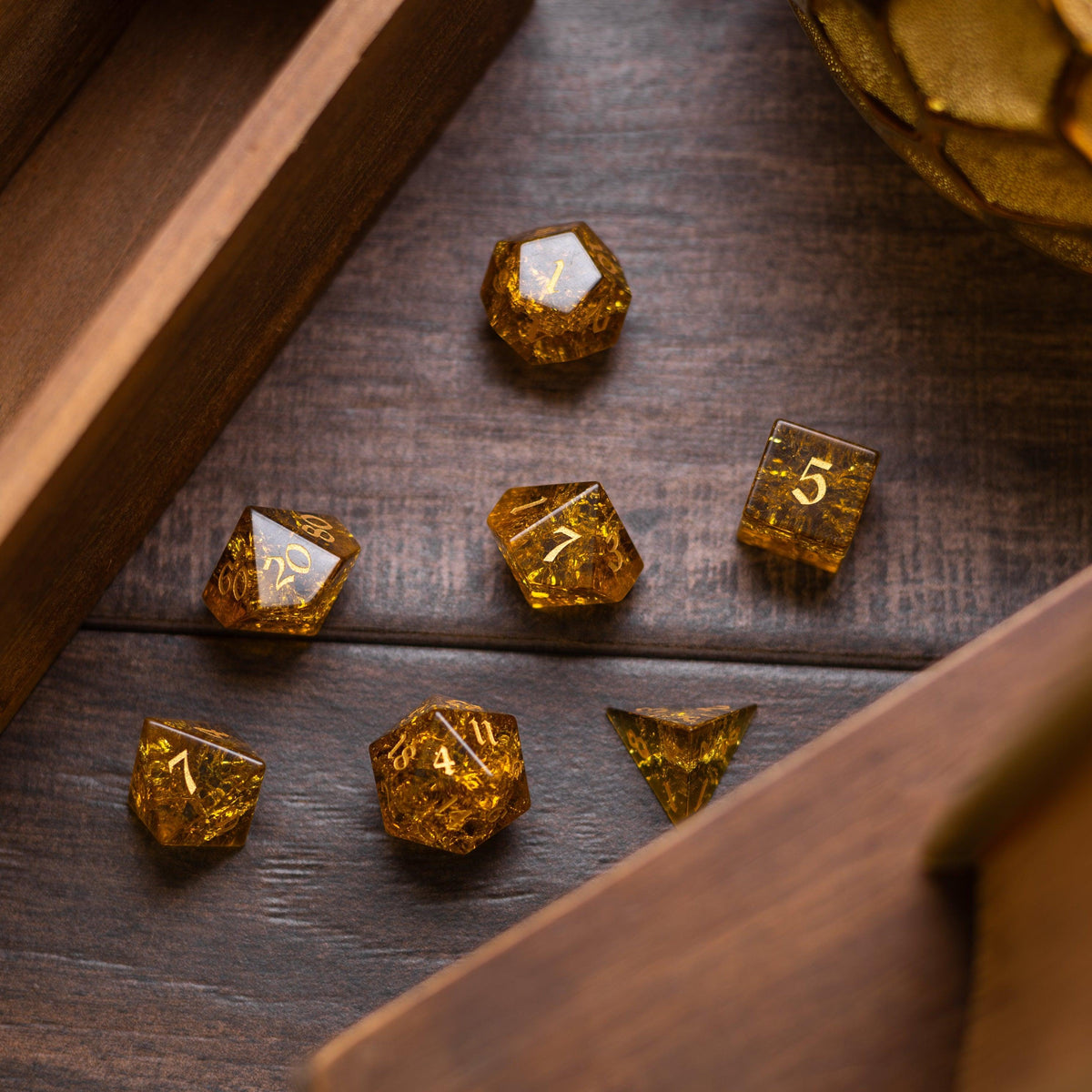 Gold Honey Lightning Cracked Glass DND Dice Set