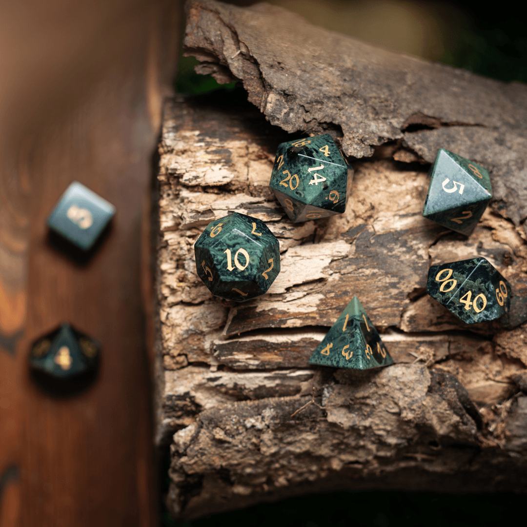 Green Eyed Hand Carved Gemstone DND Dice Set