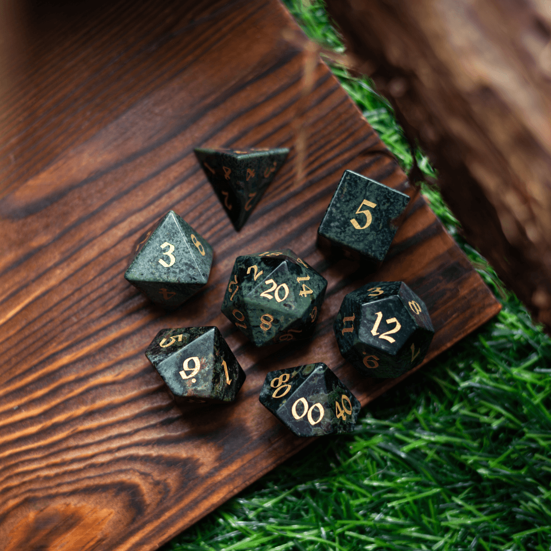 Green Eyed Hand Carved Gemstone DND Dice Set