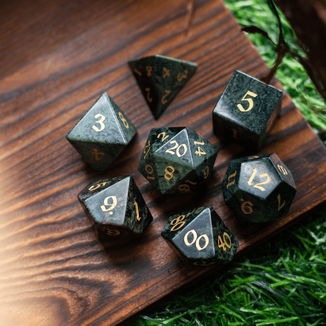Green Eyed Hand Carved Gemstone DND Dice Set