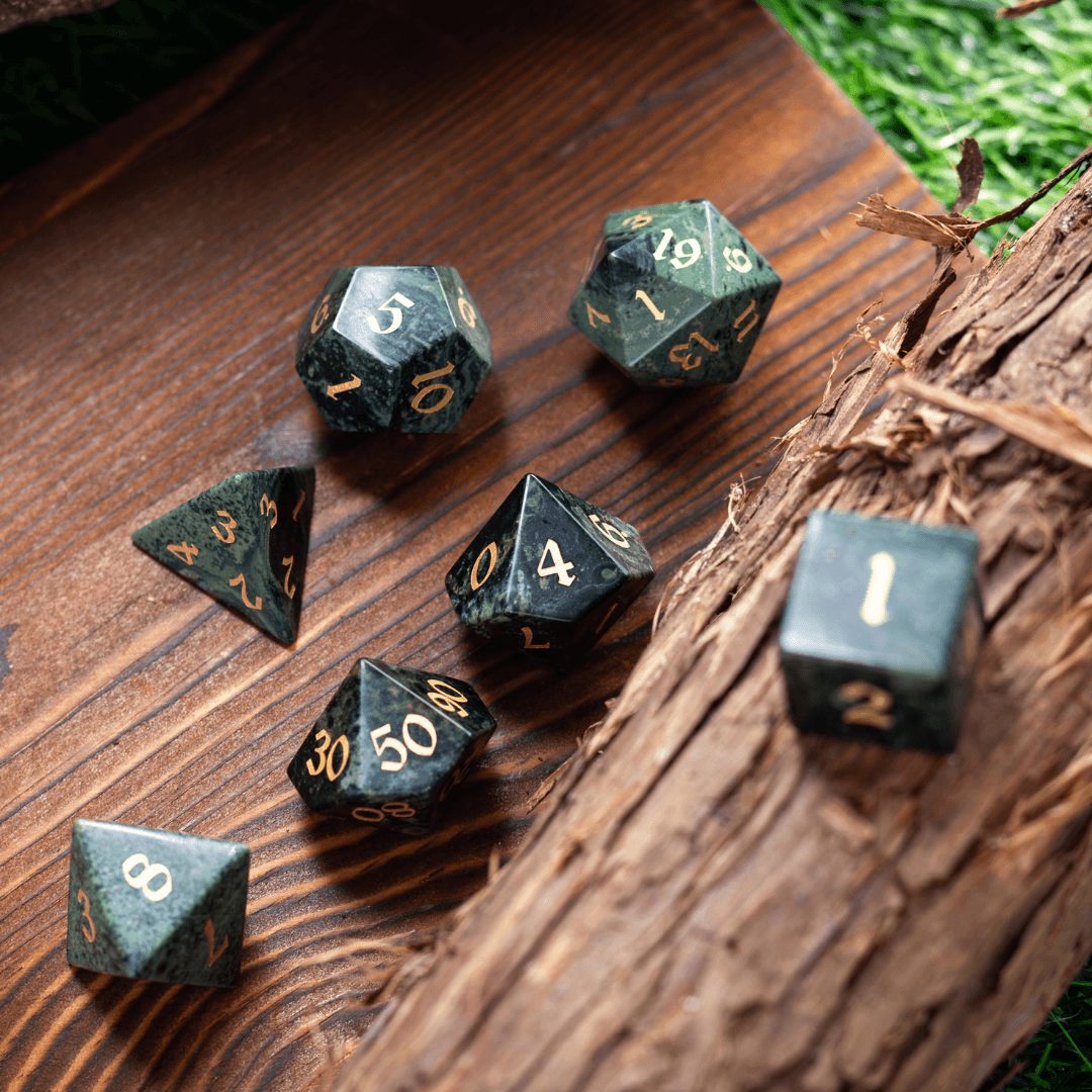 Green Eyed Hand Carved Gemstone DND Dice Set