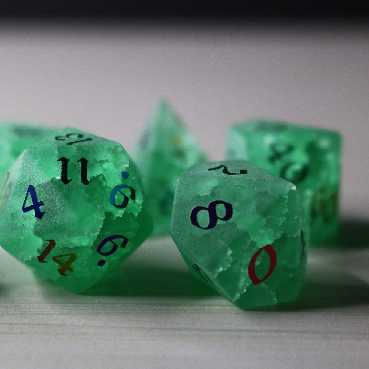 Green Mint Inked Lightning Cracked Glass DND Dice Set