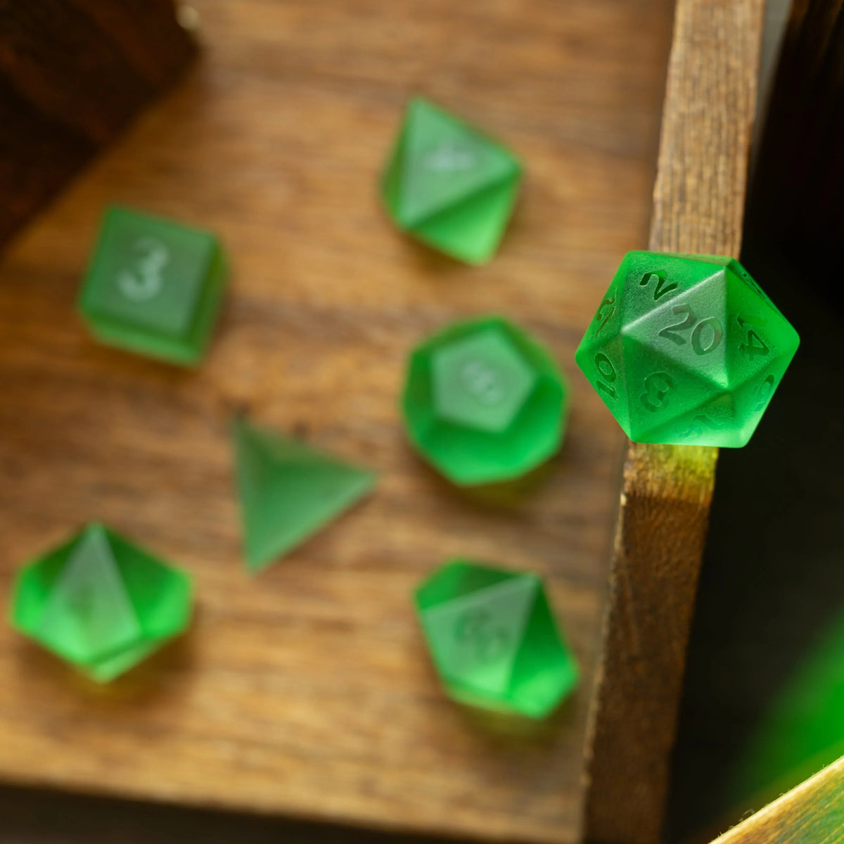Green Raised Zircon Glass Hand Carved DND Dice Set