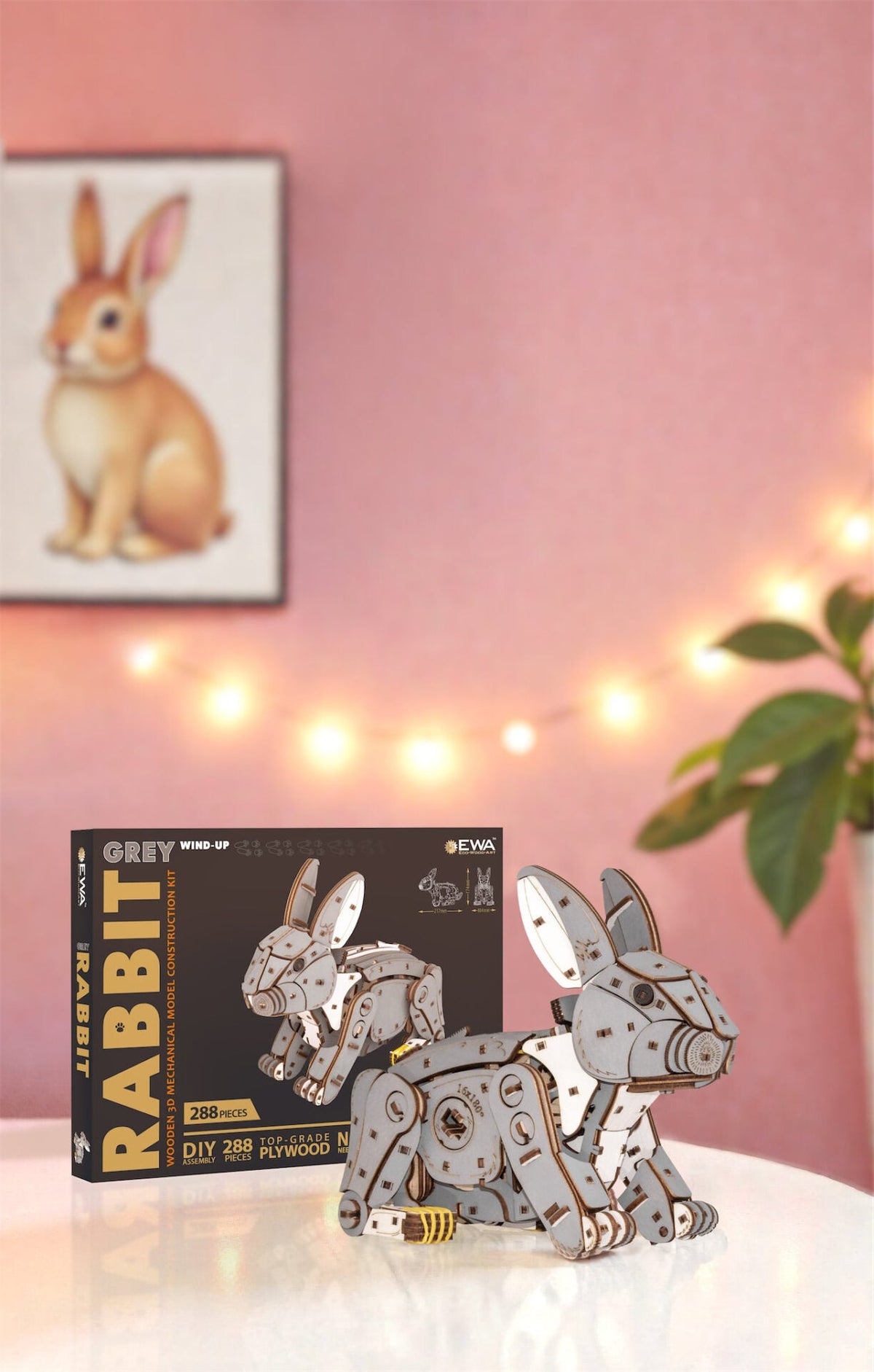 Grey Rabbit — Mechanical Wooden Model, 288 Pieces