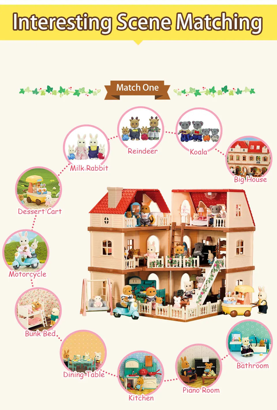Simulation Kitchen Forest Family Small House Double Three- Story Villa Reindeer  Animal Model Girl Dollhouse Furniture Toy Gifts