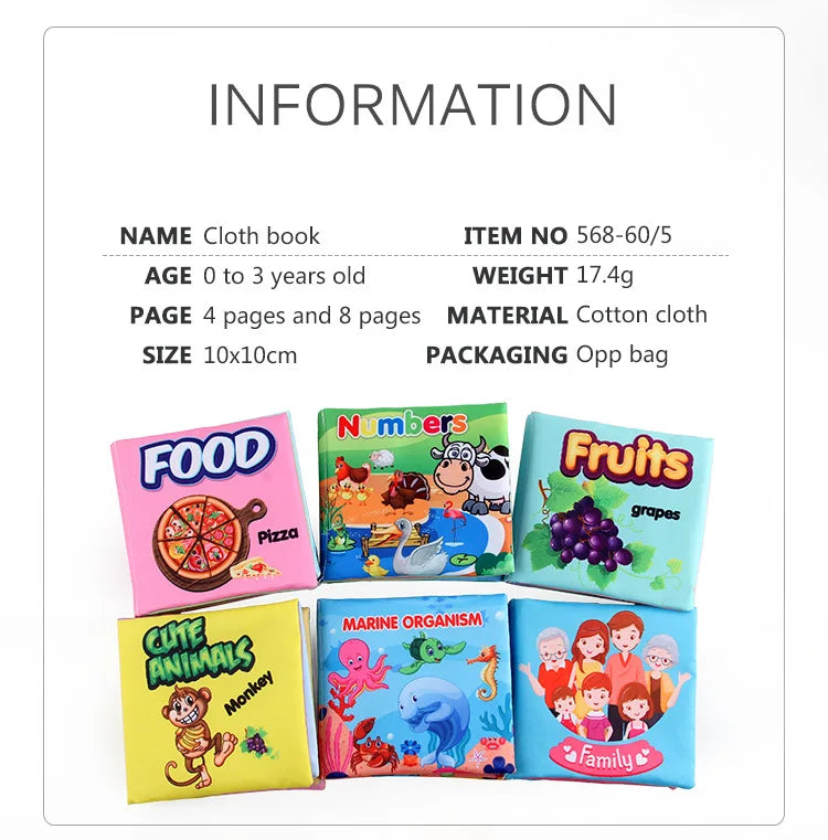 Baby Cloth Books Enlightenment Early Educational Toys Kids Fruits Animal Numbers Food Cognitive Book for Toddlers 12-72 Month