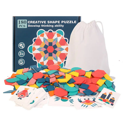 Hot Sale 180Pcs Montessori Kids Wooden 3D Geometric Shape Jigsaw Puzzle Board Set Baby Early Education Toys for Children