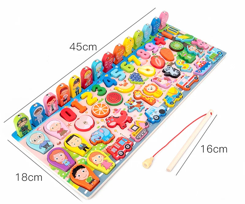 3D Preschool Children Educational Toys Wooden Montessori Arithmetic Magnetic Fishing Digital Shape Matching Building Block Toys