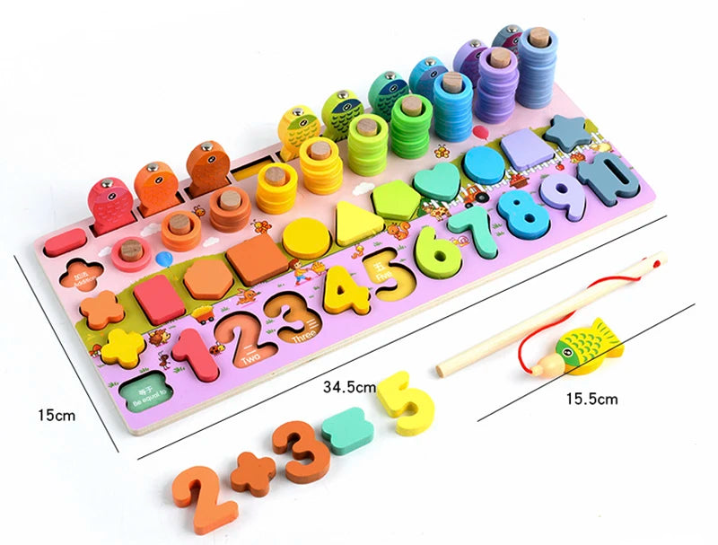 3D Preschool Children Educational Toys Wooden Montessori Arithmetic Magnetic Fishing Digital Shape Matching Building Block Toys