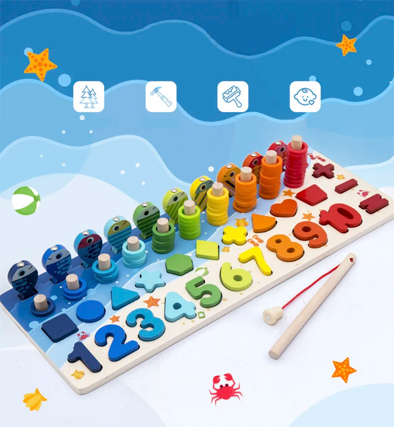 3D Preschool Children Educational Toys Wooden Montessori Arithmetic Magnetic Fishing Digital Shape Matching Building Block Toys
