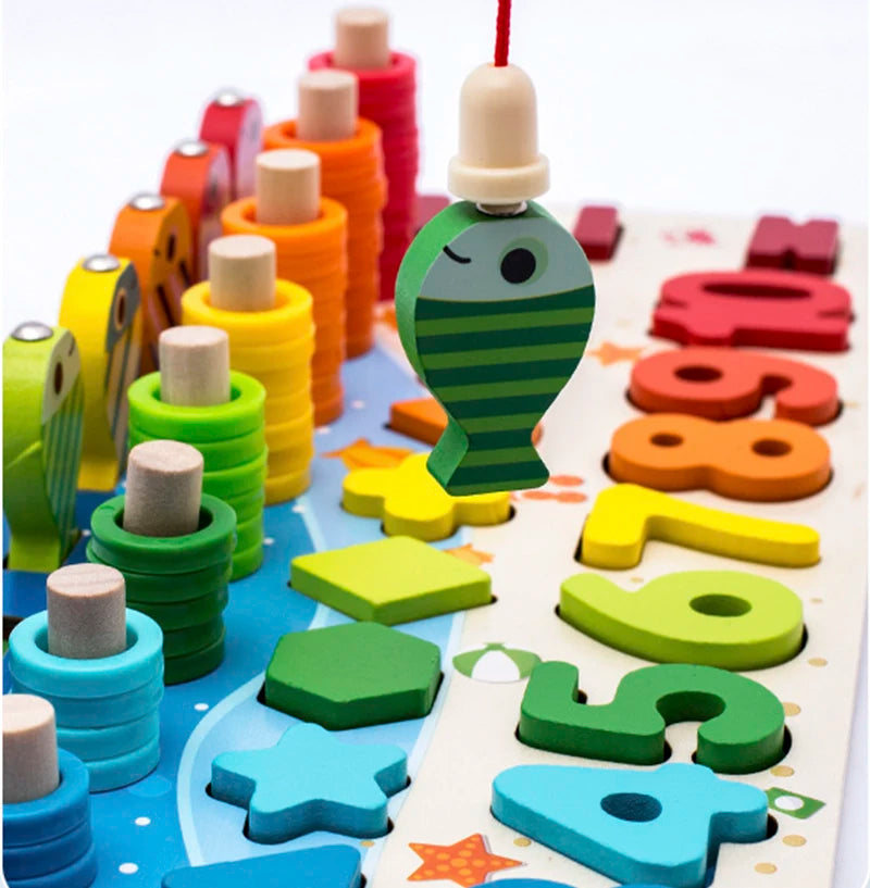 3D Preschool Children Educational Toys Wooden Montessori Arithmetic Magnetic Fishing Digital Shape Matching Building Block Toys