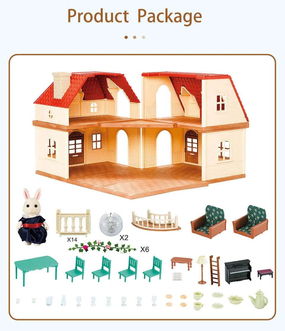 Simulation Kitchen Forest Family Small House Double Three- Story Villa Reindeer  Animal Model Girl Dollhouse Furniture Toy Gifts