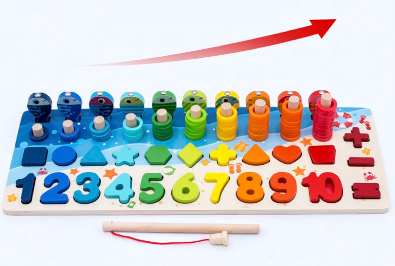 3D Preschool Children Educational Toys Wooden Montessori Arithmetic Magnetic Fishing Digital Shape Matching Building Block Toys