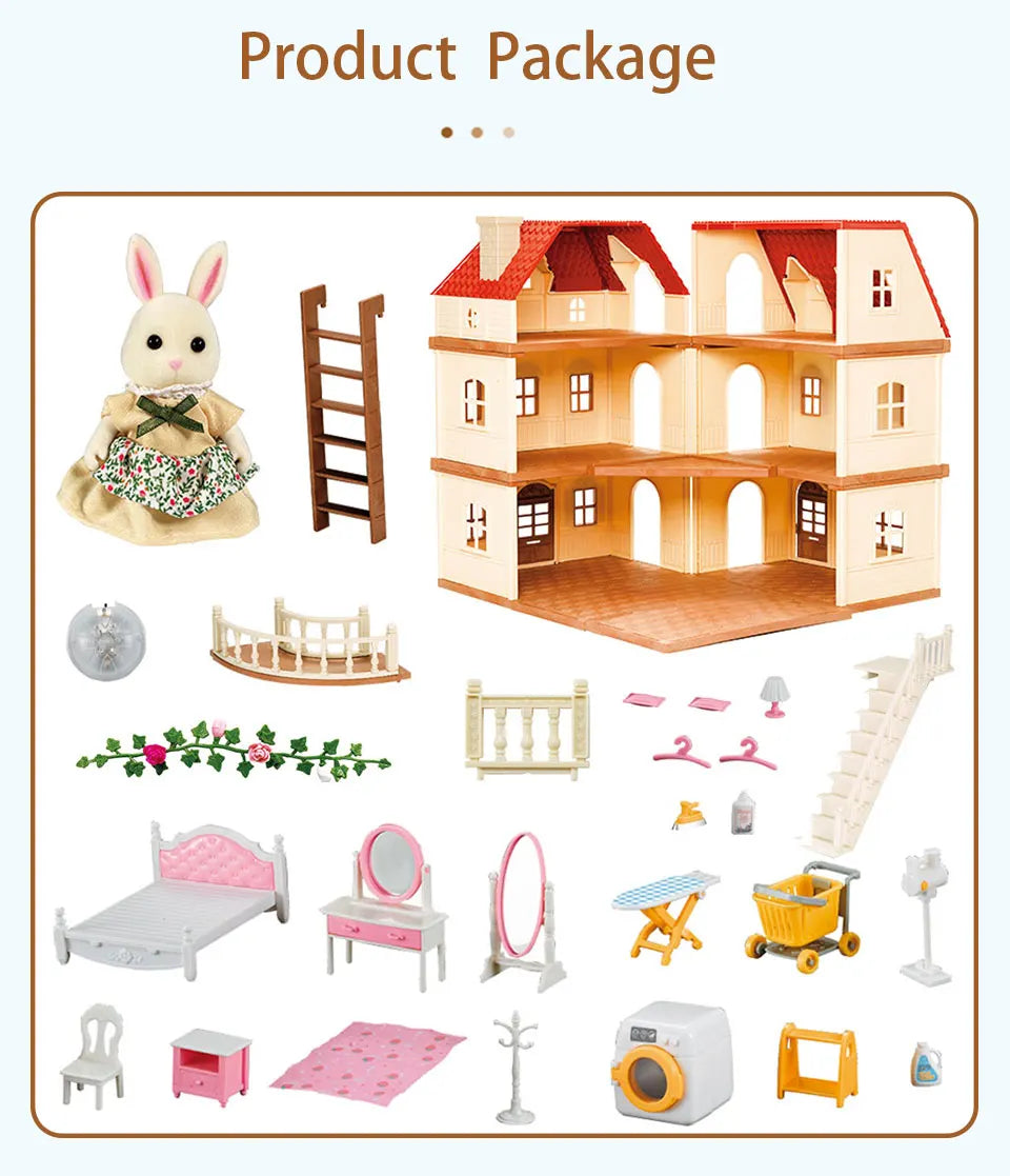 Simulation Kitchen Forest Family Small House Double Three- Story Villa Reindeer  Animal Model Girl Dollhouse Furniture Toy Gifts