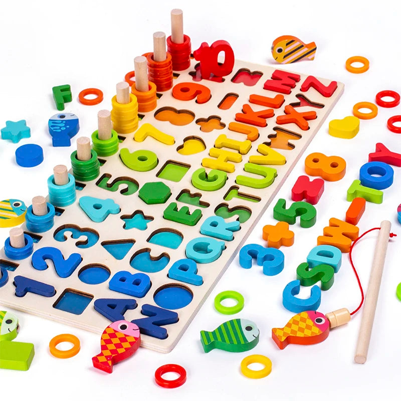 3D Preschool Children Educational Toys Wooden Montessori Arithmetic Magnetic Fishing Digital Shape Matching Building Block Toys