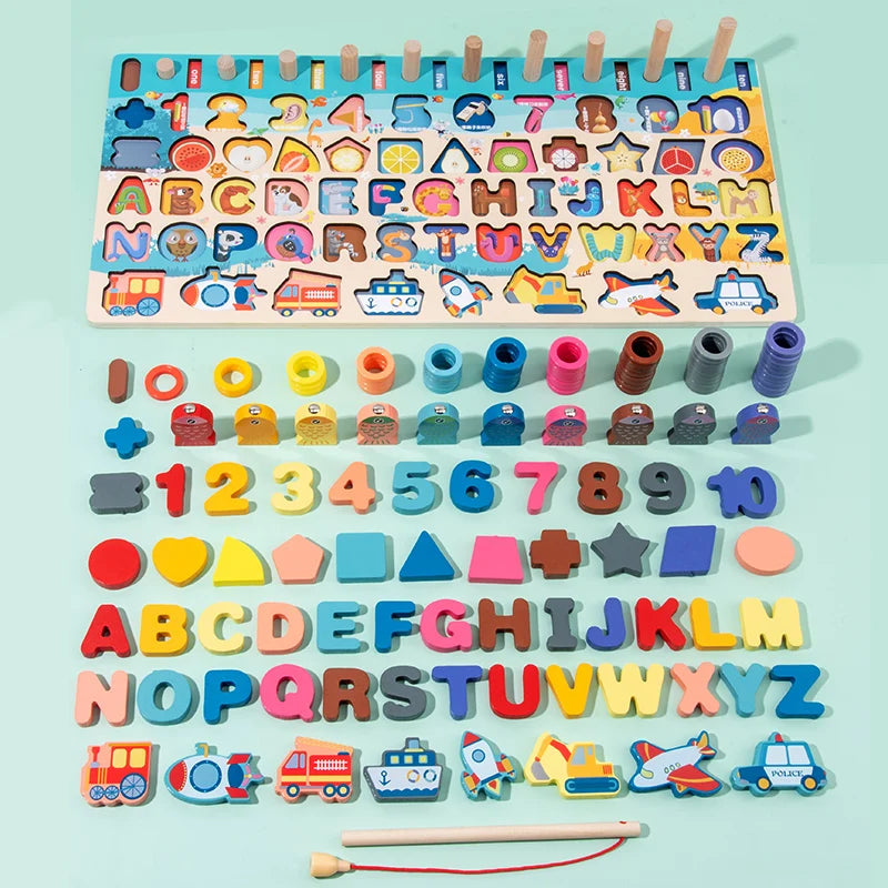 3D Preschool Children Educational Toys Wooden Montessori Arithmetic Magnetic Fishing Digital Shape Matching Building Block Toys