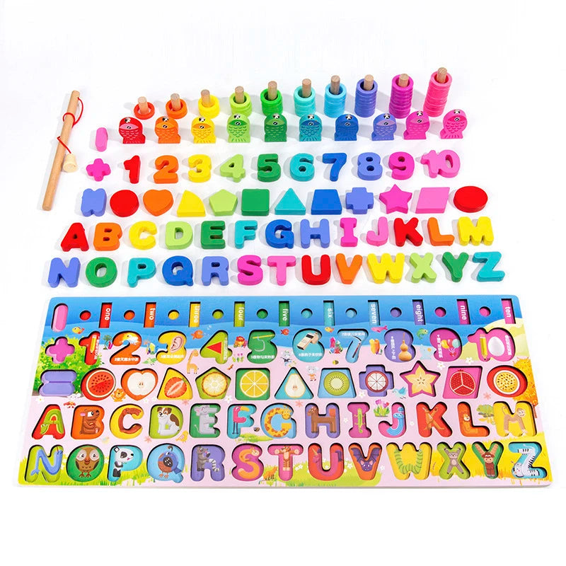 3D Preschool Children Educational Toys Wooden Montessori Arithmetic Magnetic Fishing Digital Shape Matching Building Block Toys