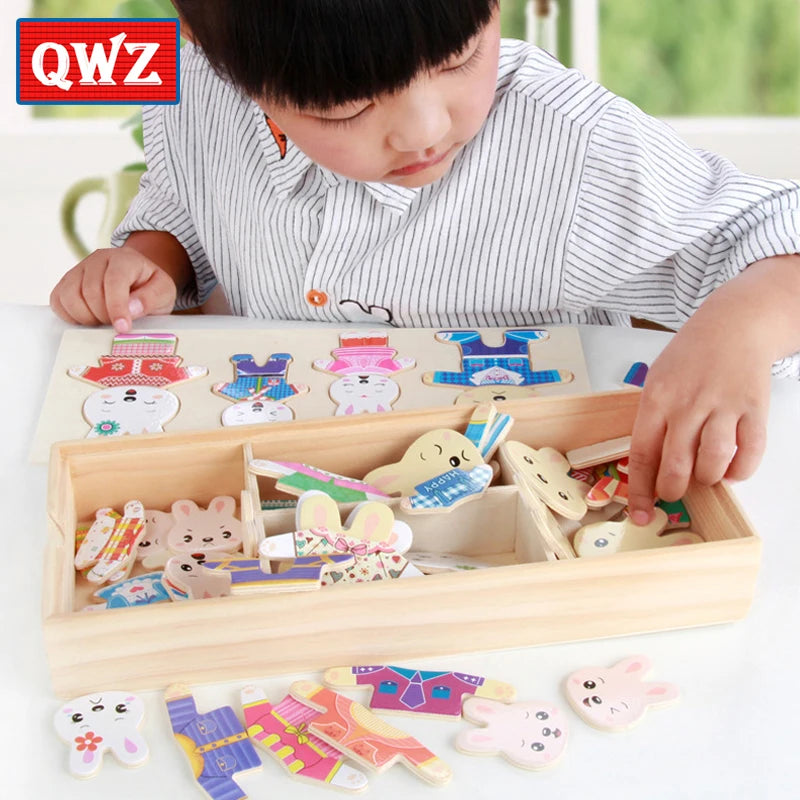 Cartoon Wooden Toy Rabbit Changing Clothes Puzzles Montessori Educational Dress Changing Jigsaw Puzzle Toys Children Kids Gifts