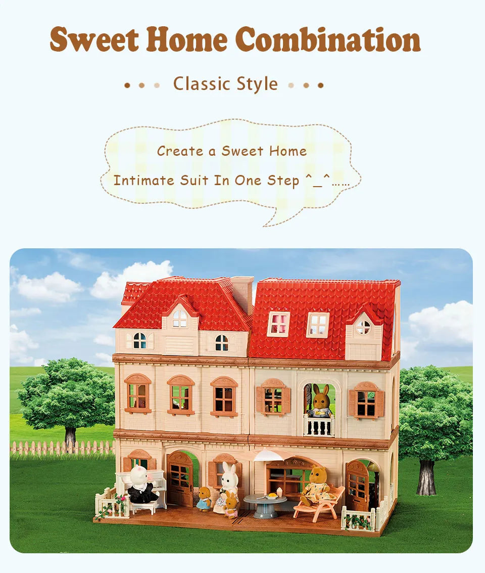 Simulation Kitchen Forest Family Small House Double Three- Story Villa Reindeer  Animal Model Girl Dollhouse Furniture Toy Gifts