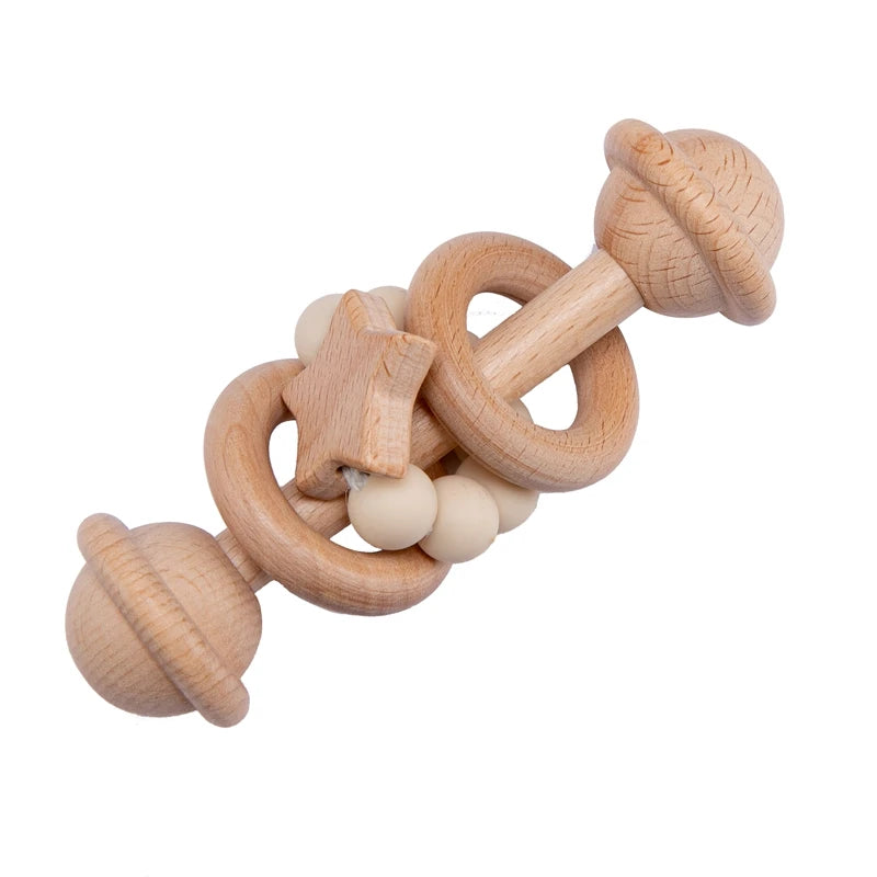 Baby Toys Wooden Rattles Sets Beech Hand Teething Cartoon Animal Bear Baby Rattles Musical Montessori Educational Toy Gifts