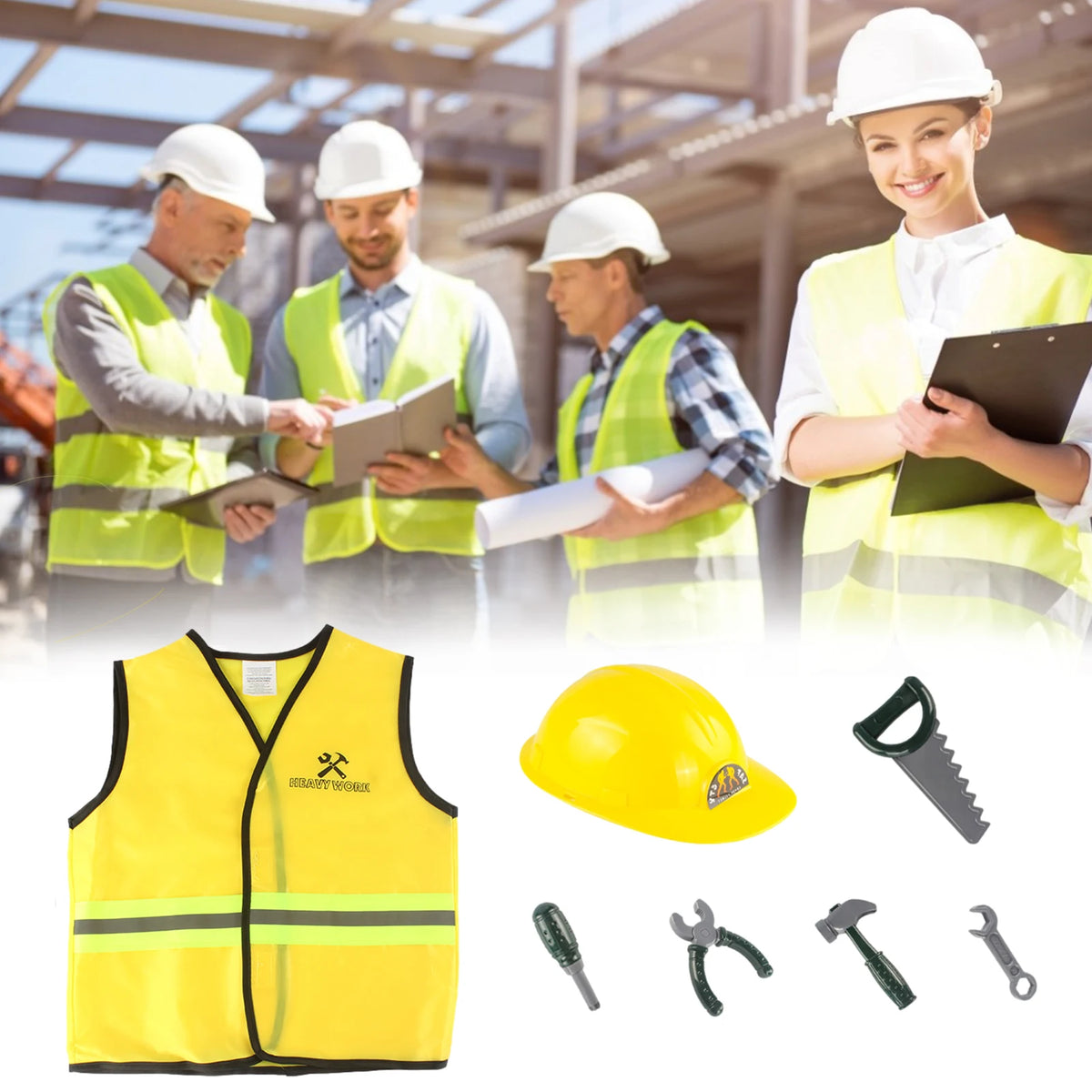 Funny Construction Worker Costume Kit Kids Boys Children Role Play Toy Set Career Costumes Heavy Worker Cosplay