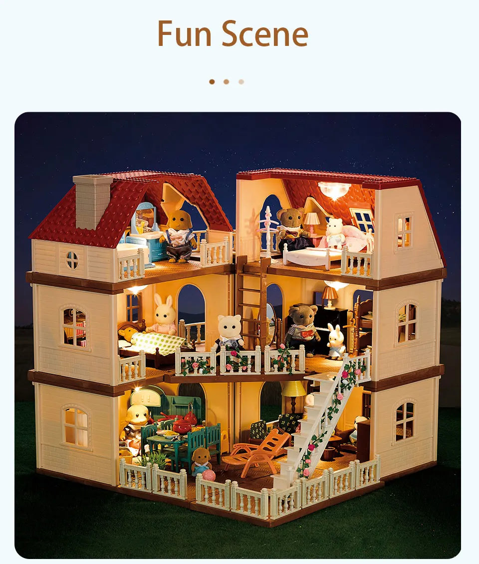 Simulation Kitchen Forest Family Small House Double Three- Story Villa Reindeer  Animal Model Girl Dollhouse Furniture Toy Gifts