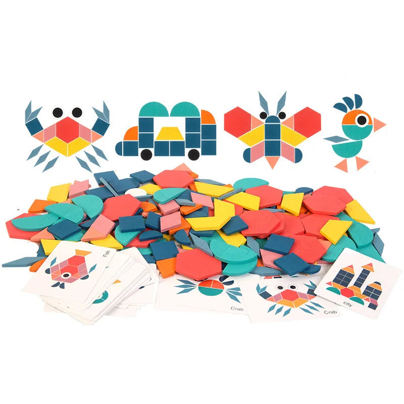 Hot Sale 180Pcs Montessori Kids Wooden 3D Geometric Shape Jigsaw Puzzle Board Set Baby Early Education Toys for Children