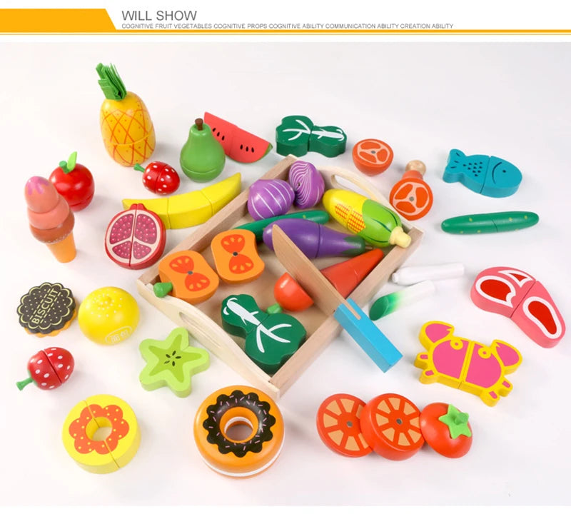 Simulation Kitchen Pretend Toy Wooden Classic Game Montessori Educational Toy For Children Kids Gift Cutting Fruit Vegetable Set