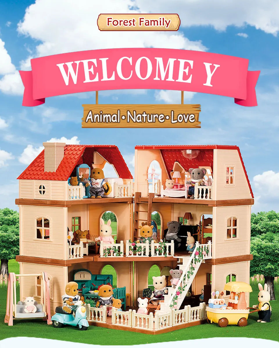 Simulation Kitchen Forest Family Small House Double Three- Story Villa Reindeer  Animal Model Girl Dollhouse Furniture Toy Gifts