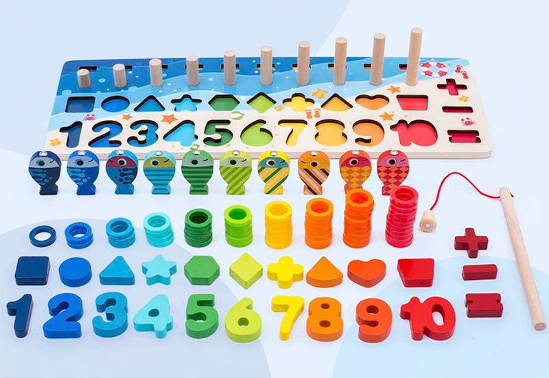 3D Preschool Children Educational Toys Wooden Montessori Arithmetic Magnetic Fishing Digital Shape Matching Building Block Toys